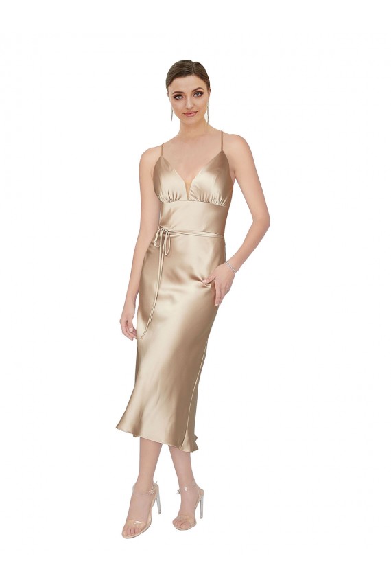 Sleeveless V-Neck Silky Satin Midi Length Formal Dress