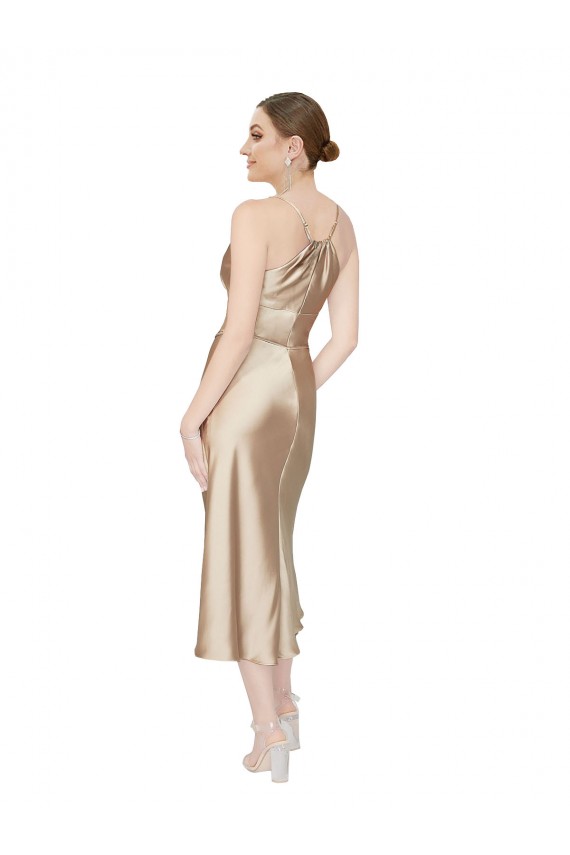 Sleeveless V-Neck Silky Satin Midi Length Formal Dress