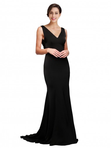 Affordable Sleeveless V-Neck Silky Satin Black Sweep Train Formal Dress UK