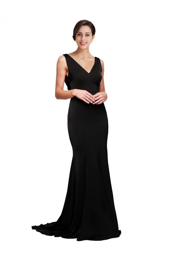 Sleeveless V-Neck Silky Satin Black Sweep Train Formal Dress