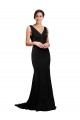 Sleeveless V-Neck Silky Satin Black Sweep Train Formal Dress