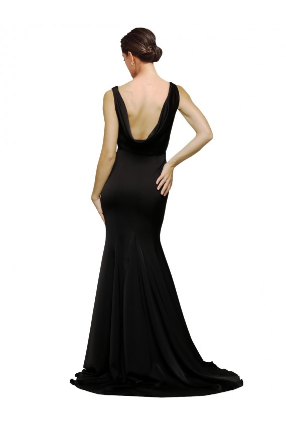Sleeveless V-Neck Silky Satin Black Sweep Train Formal Dress
