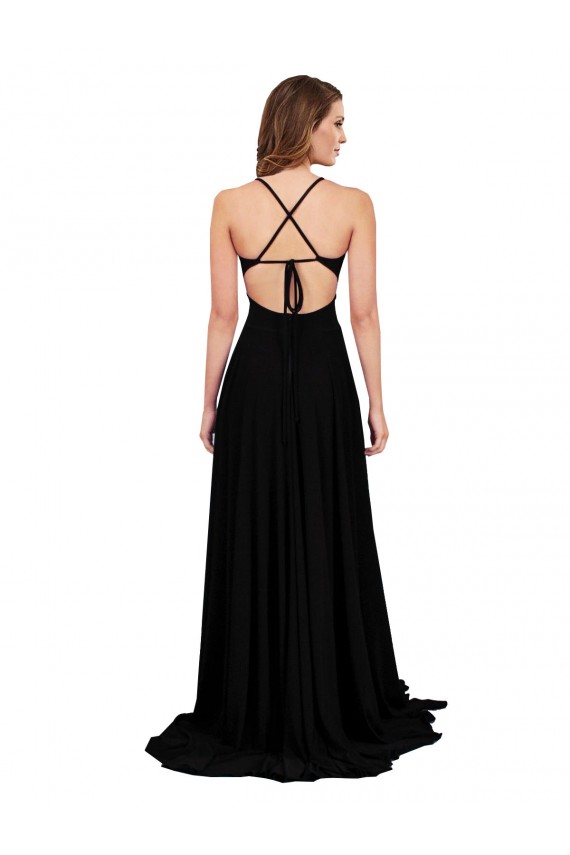 Sleeveless V-Neck Spandex Black Long Black Tie Formal Dress