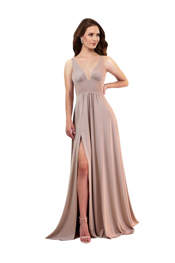 Sleeveless V-Neck Spandex Dusty Pink Long Black Tie Formal Dress