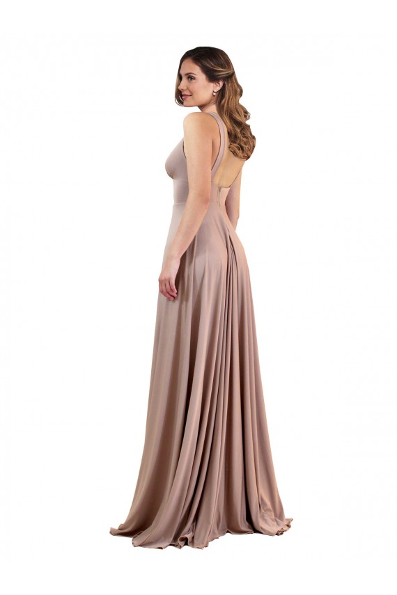 Sleeveless V-Neck Spandex Dusty Pink Long Black Tie Formal Dress