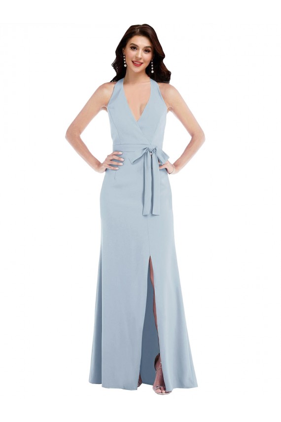 Sleeveless V-Neck Stretch Crepe Light Sky Blue Long Open Back Formal Dress