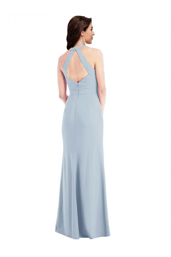 Sleeveless V-Neck Stretch Crepe Light Sky Blue Long Open Back Formal Dress