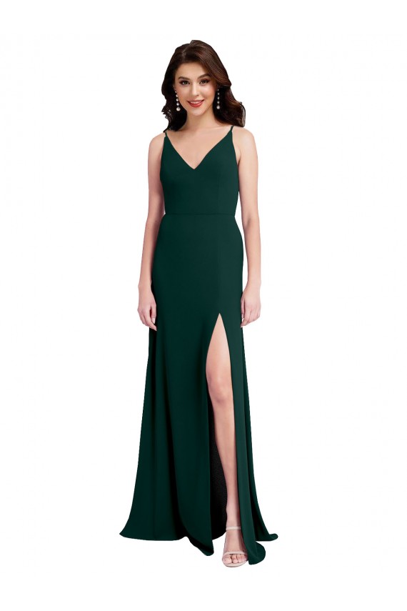 Sleeveless V-Neck Stretch Crepe Midnight Green Long A-Line Formal Dress