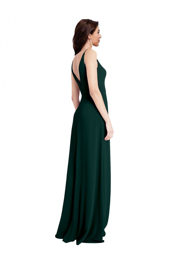 Sleeveless V-Neck Stretch Crepe Midnight Green Long A-Line Formal Dress