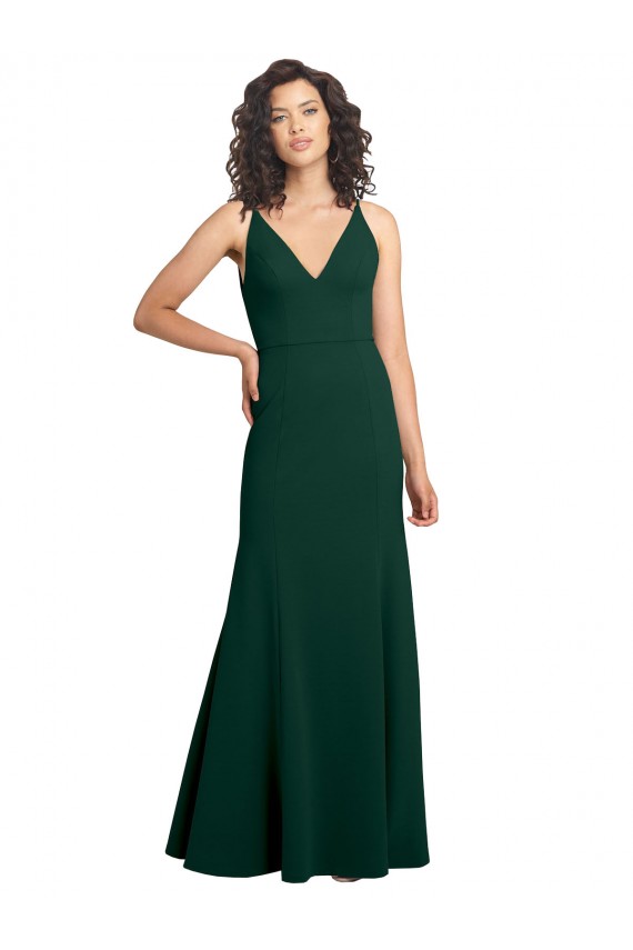 Sleeveless V-Neck Stretch Crepe Midnight Green Long Formal Dress