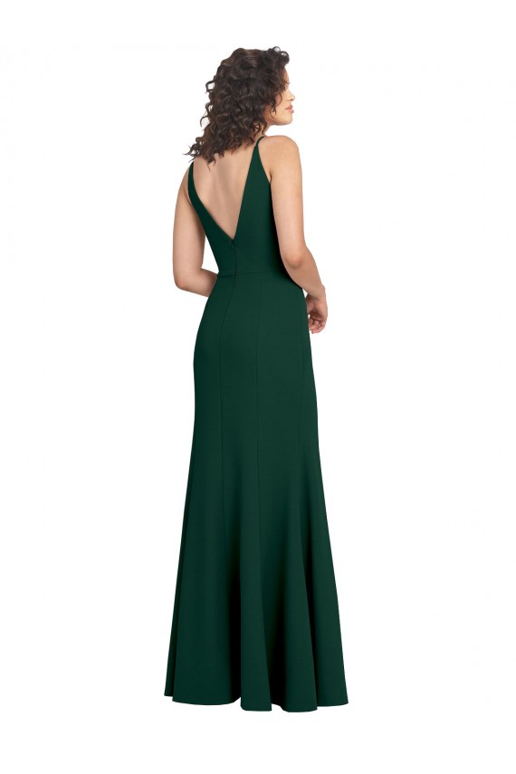 Sleeveless V-Neck Stretch Crepe Midnight Green Long Formal Dress