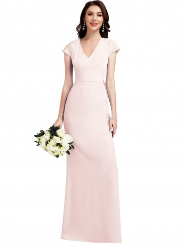 Affordable Cap Sleeves V-Neck Stretch Crepe Pink Long Formal Dress UK