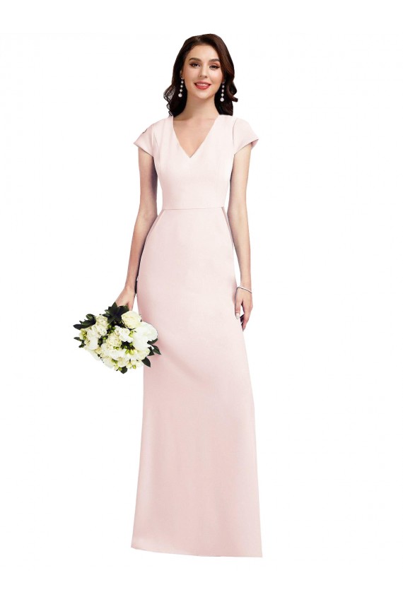 Cap Sleeves V-Neck Stretch Crepe Pink Long Formal Dress