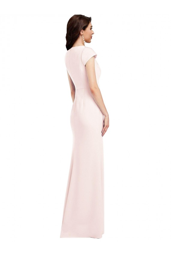 Cap Sleeves V-Neck Stretch Crepe Pink Long Formal Dress