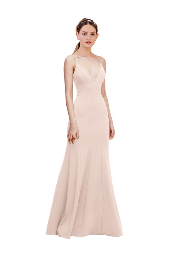 Sleeveless V-Neck Stretch Crepe Pink Long Formal Dress