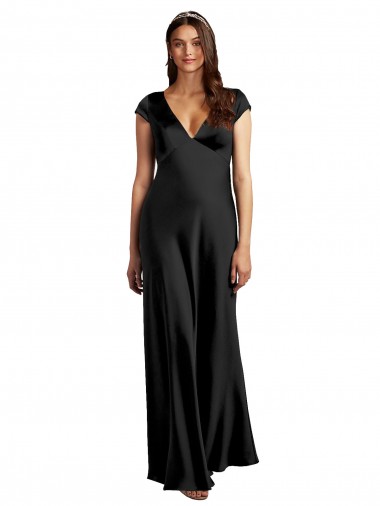 Affordable Cap Sleeves V-Neck Stretch Satin Black Long Formal Gowns UK