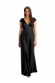Cap Sleeves V-Neck Stretch Satin Black Long Formal Gowns