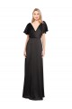 Cap Sleeves V-Neck Stretch Satin Black Long Formal Dress