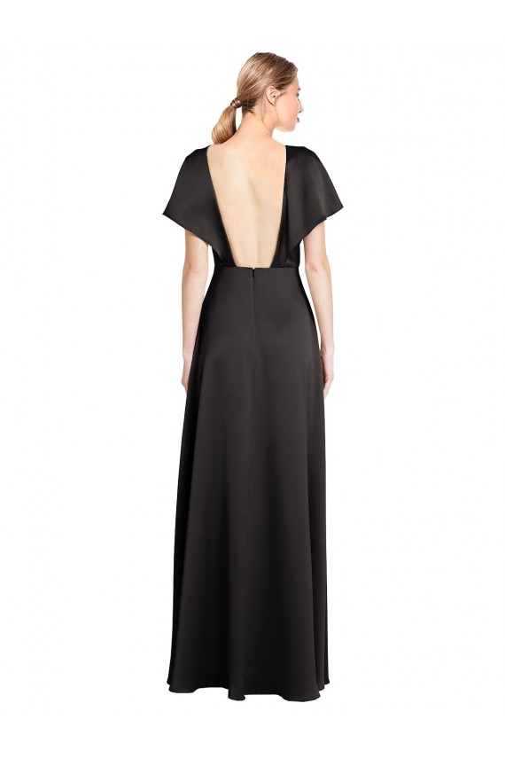 Cap Sleeves V-Neck Stretch Satin Black Long Formal Dress
