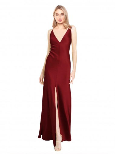 Affordable Sleeveless V-Neck Stretch Satin Burgundy Long Black Tie Formal Dress UK
