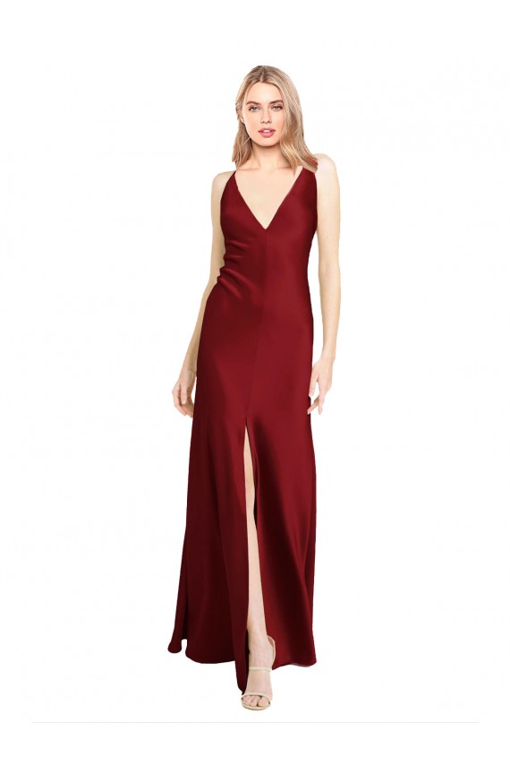 Sleeveless V-Neck Stretch Satin Burgundy Long Black Tie Formal Dress