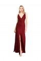 Sleeveless V-Neck Stretch Satin Burgundy Long Black Tie Formal Dress