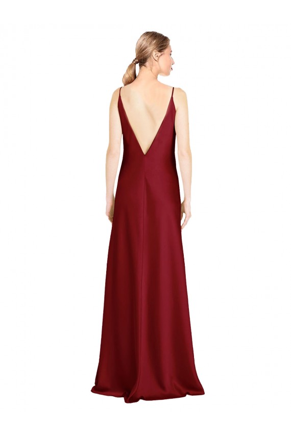 Sleeveless V-Neck Stretch Satin Burgundy Long Black Tie Formal Dress