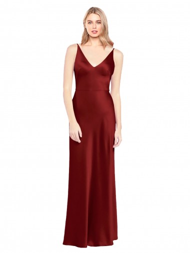 Affordable Sleeveless V-Neck Stretch Satin Burgundy Long Formal Gowns UK