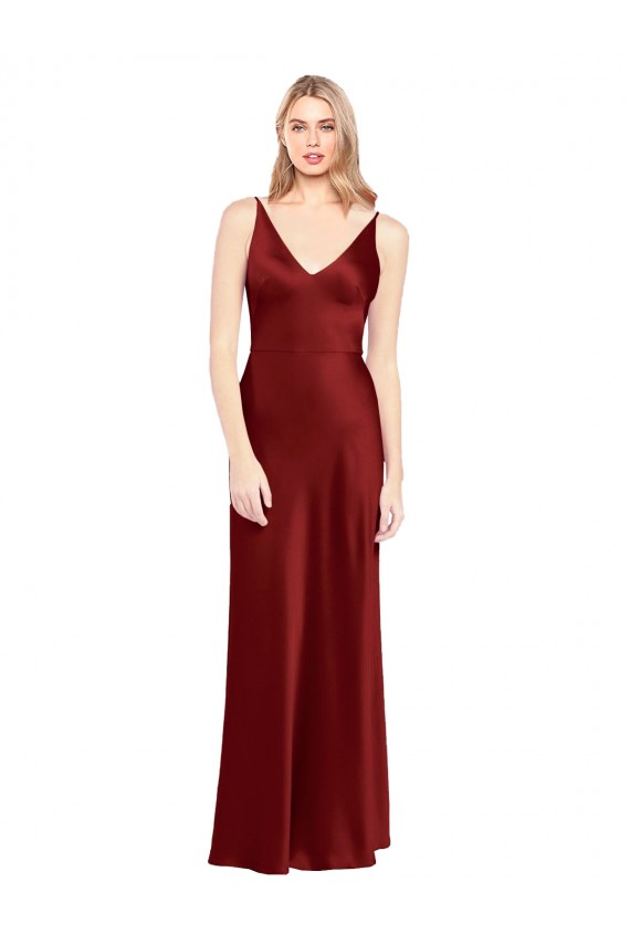 Sleeveless V-Neck Stretch Satin Burgundy Long Formal Gowns