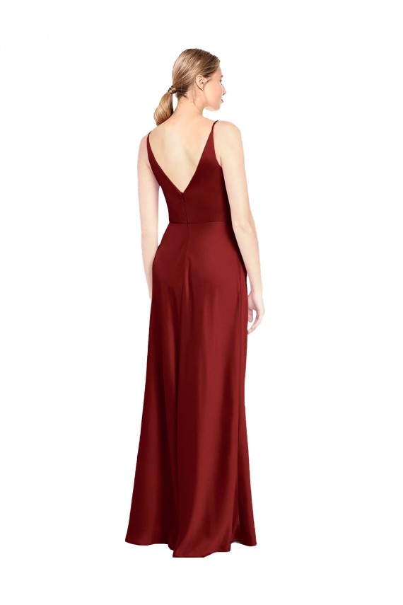 Sleeveless V-Neck Stretch Satin Burgundy Long Formal Gowns