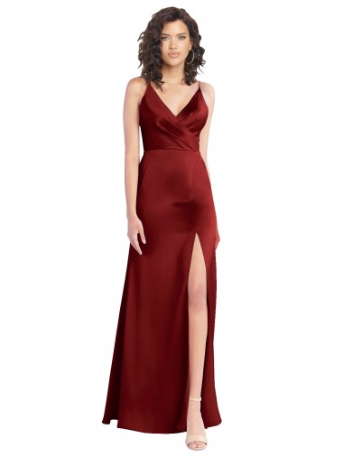 Affordable Sleeveless V-Neck Stretch Satin Burgundy Long Formal Dress UK