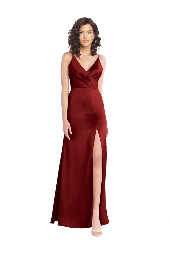 Sleeveless V-Neck Stretch Satin Burgundy Long Formal Dress