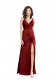 Sleeveless V-Neck Stretch Satin Burgundy Long Formal Dress