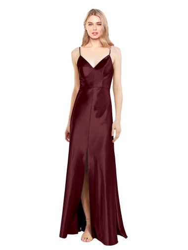 Affordable Sleeveless V-Neck Stretch Satin Burgundy Gold Long Formal Gowns UK