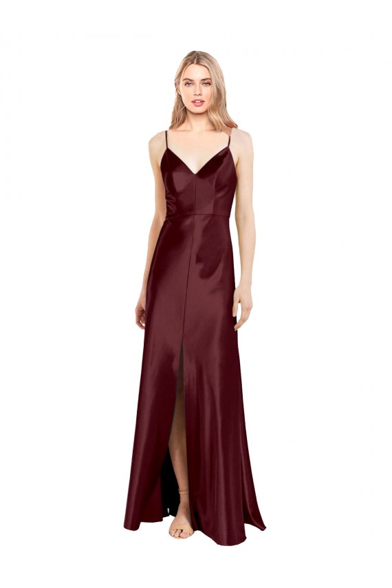 Sleeveless V-Neck Stretch Satin Burgundy Gold Long Formal Gowns