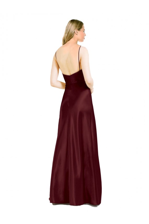 Sleeveless V-Neck Stretch Satin Burgundy Gold Long Formal Gowns