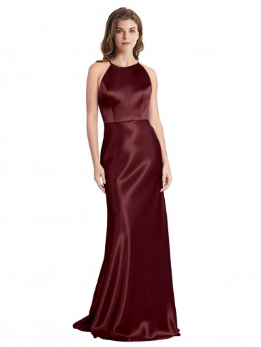 Affordable Sleeveless V-Neck Stretch Satin Burgundy Gold Long Formal Dress UK