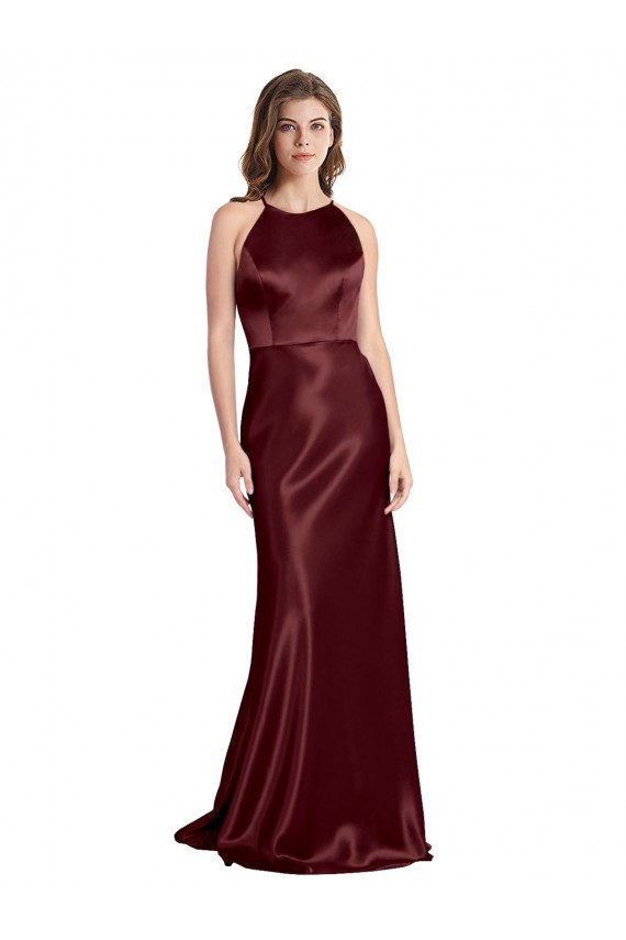 Sleeveless V-Neck Stretch Satin Burgundy Gold Long Formal Dress