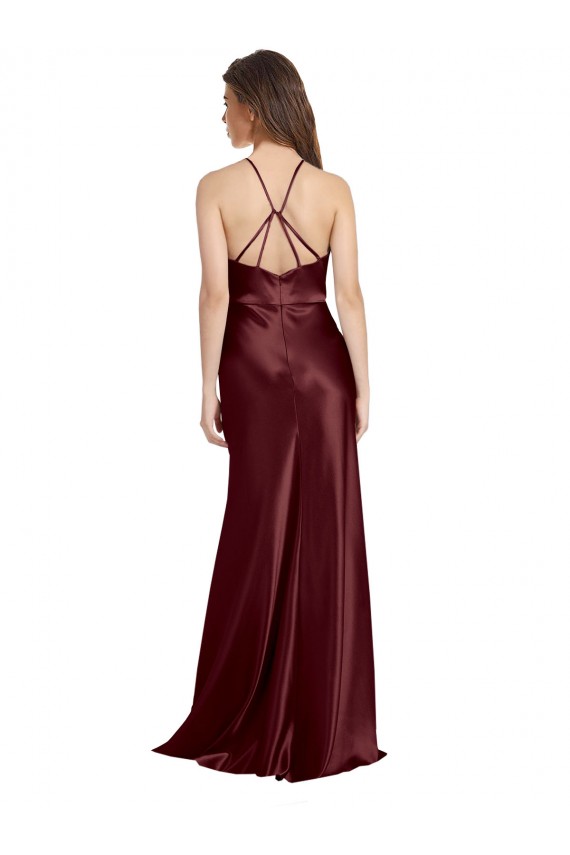 Sleeveless V-Neck Stretch Satin Burgundy Gold Long Formal Dress