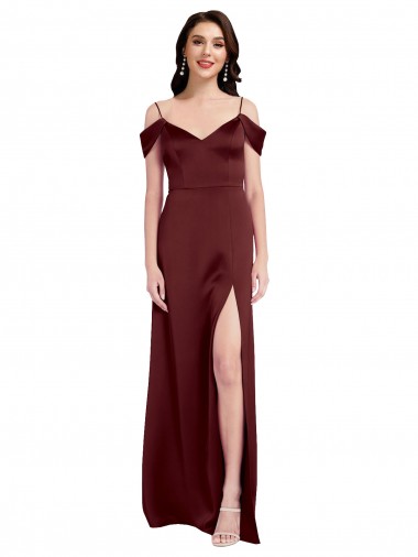 Affordable Sleeveless V-Neck Stretch Satin Burgundy Gold Long Formal Dresses UK
