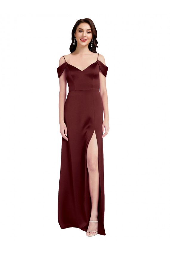 Sleeveless V-Neck Stretch Satin Burgundy Gold Long Formal Dresses