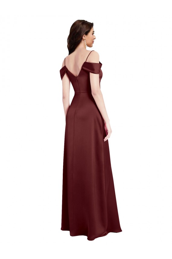 Sleeveless V-Neck Stretch Satin Burgundy Gold Long Formal Dresses