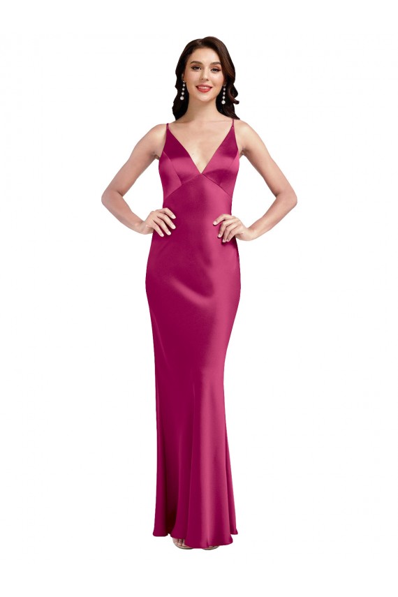 Sleeveless V-Neck Stretch Satin Fuchsia Long Formal Dress