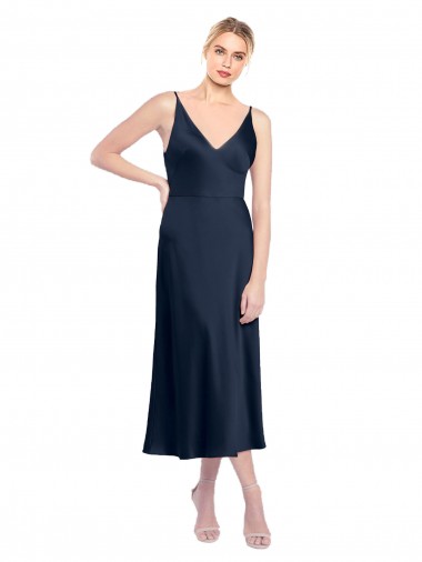 Affordable Sleeveless V-Neck Stretch Satin Dark Navy Midi Length Formal Dress UK