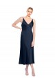 Sleeveless V-Neck Stretch Satin Dark Navy Midi Length Formal Dress