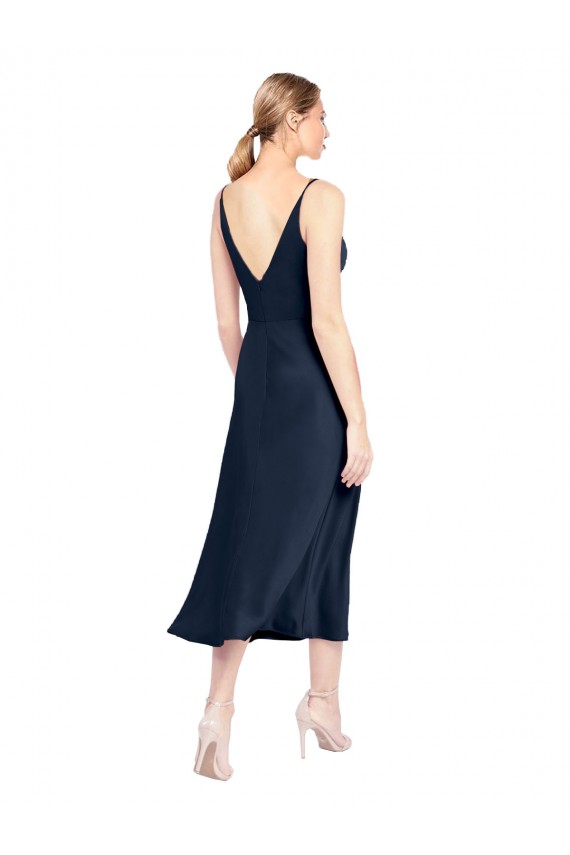 Sleeveless V-Neck Stretch Satin Dark Navy Midi Length Formal Dress