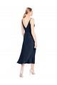 Sleeveless V-Neck Stretch Satin Dark Navy Midi Length Formal Dress