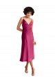 Sleeveless V-Neck Stretch Satin Fuchsia Midi Length Formal Dress