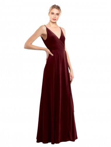 Affordable Sleeveless V-Neck Stretch Velvet Burgundy Long Formal Dress UK