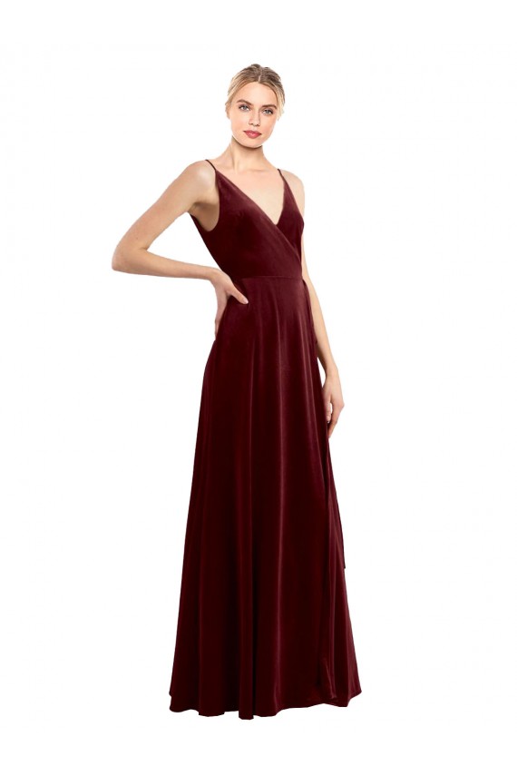 Sleeveless V-Neck Stretch Velvet Burgundy Long Formal Dress
